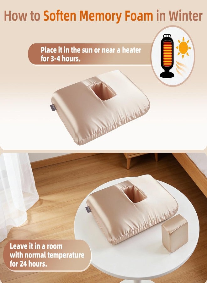 USlixury Piercing Pillow - Ear Piercing Pillow with Foam Plug, 4''H Mini Donut Plilow with 4.7x3.2 Off Center Ear Hole, CertiPUR-US Memory Foam Hole Plilow for Side Sleeper, Satin Cover, Champagne - Image 5